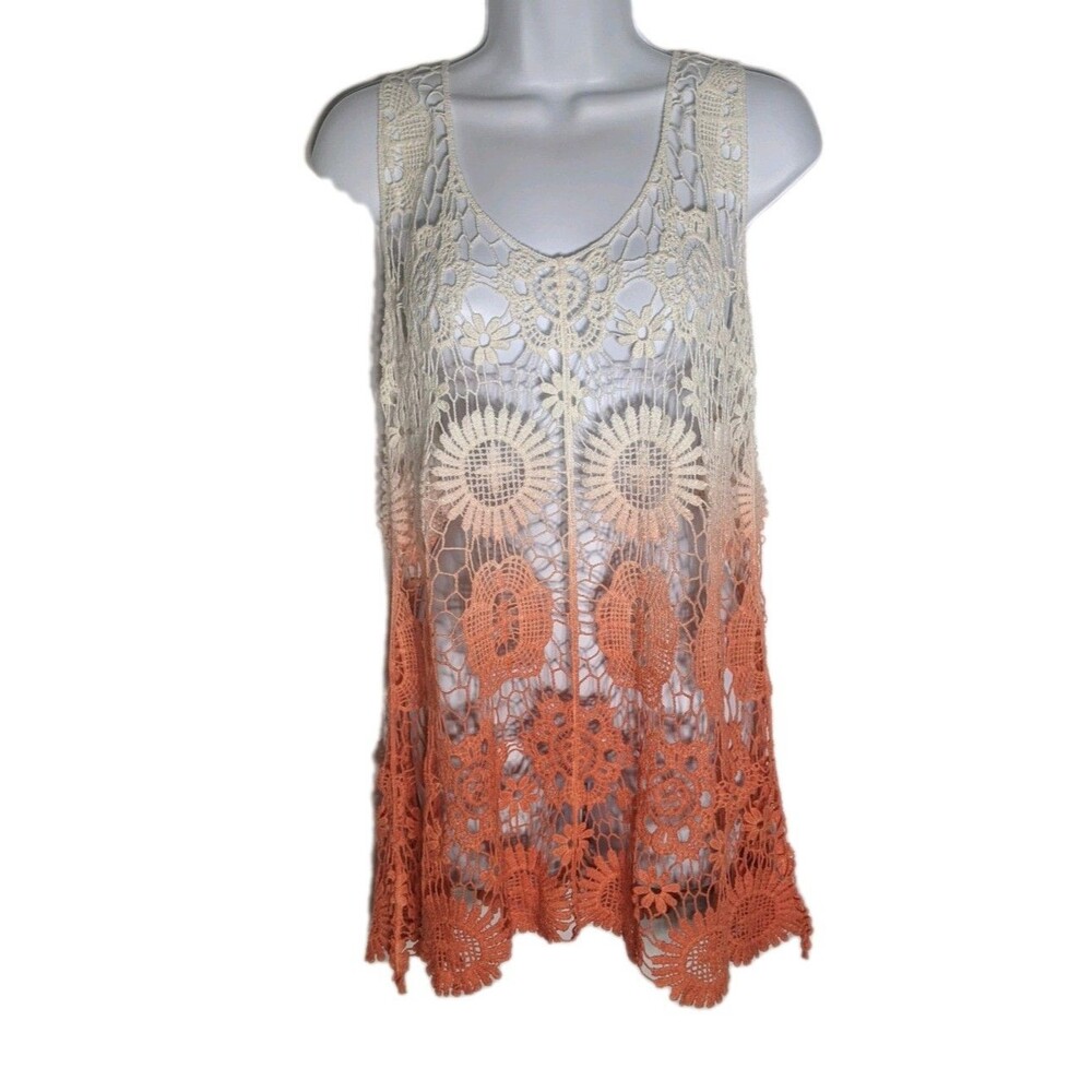 Boho Beach Swim Cover Up  1X 2X Crochet Tunic Tank White Ombre Lace  Festival